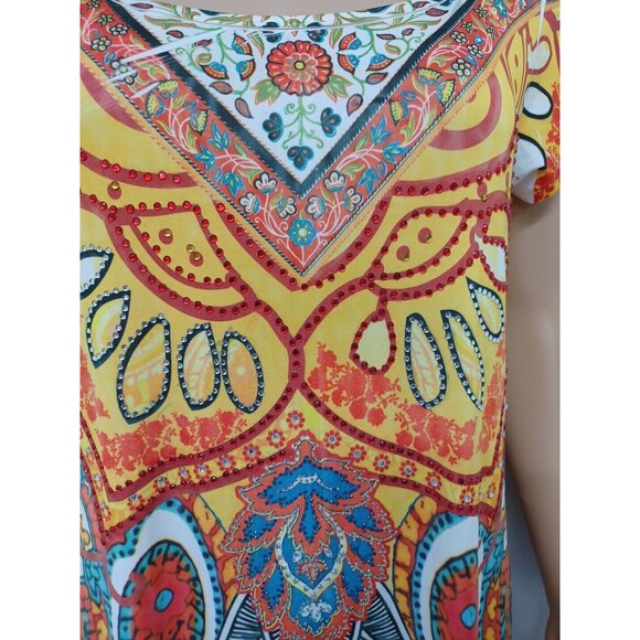 R. Roug Rhinestone Embellished Floral Paisley Top Bright Colorful Sharkbite 2X - Picture 4 of 11